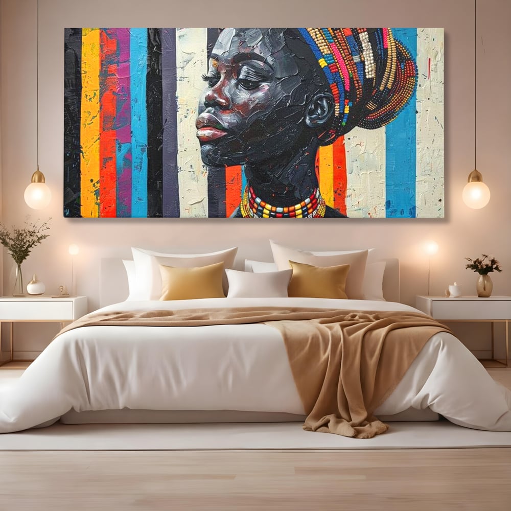 Tablou canvas cu tablou canvas cu profil de femeie, fara rama, pe sasiu de lemn, pe perete intr-un dormitor